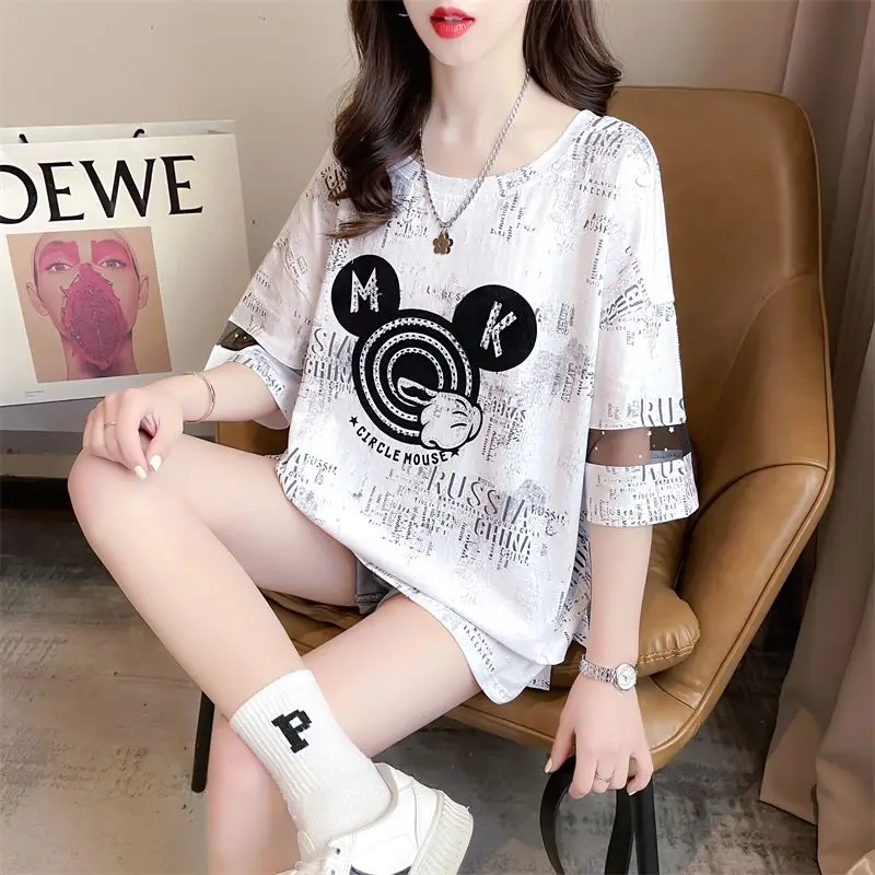 

Женская летняя модная свободная футболка с коротким рукавом и круглым вырезом с мультяшным принтом, женские простые повседневные универсальные трендовые топы для отпуска