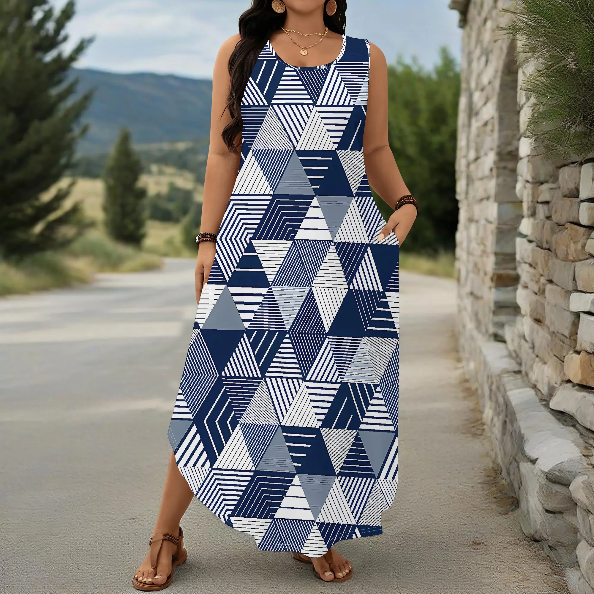 

EQQZD Stylish Casual Sleeveless Wide-shoulder Strap Maxi Dress, Modern Trendy Geometric Pattern Print Maxi Dress