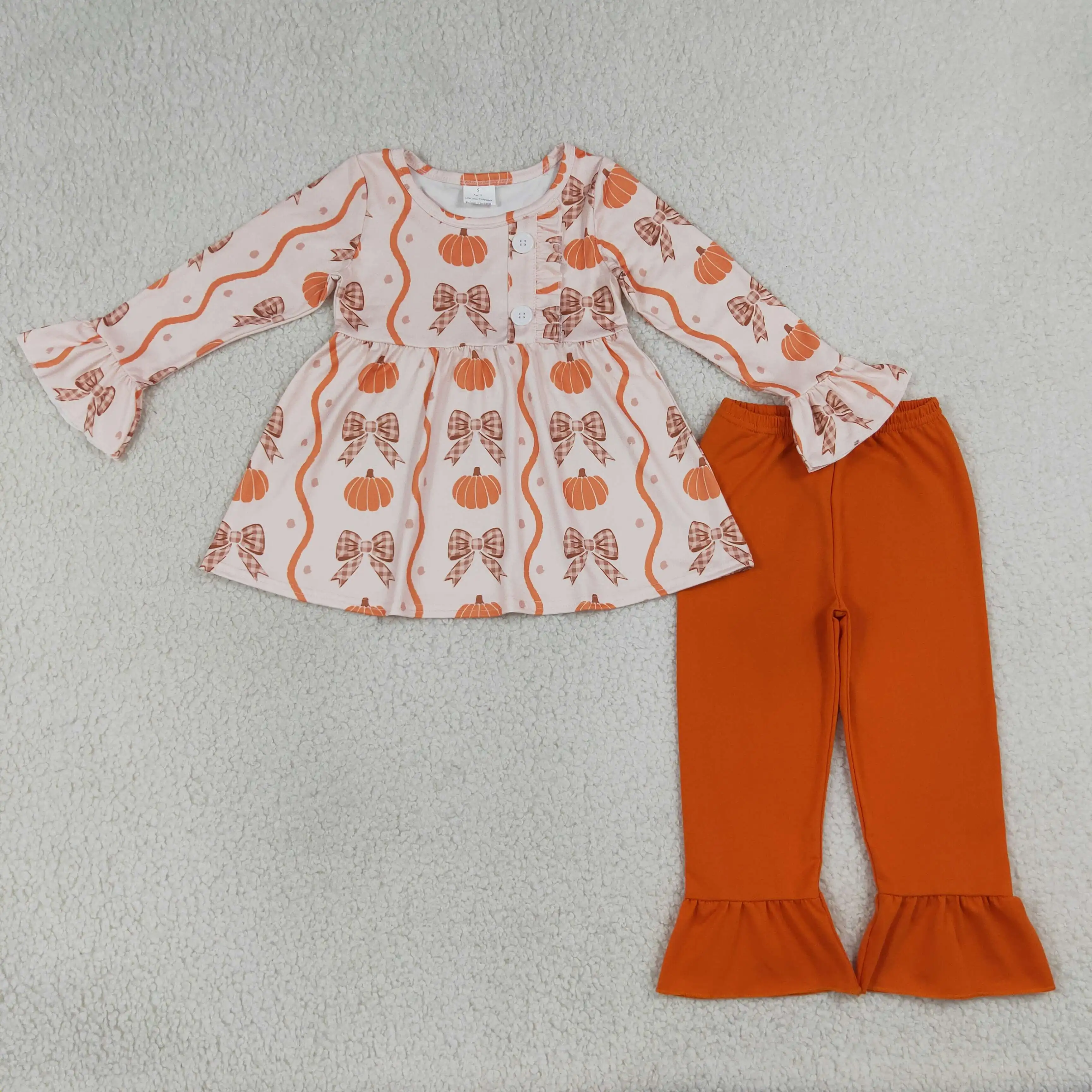Wholesale Toddler Girls Thanksgiving Kids Set Long Sleeves Pumpkins Bows Tunic Orange Pants Children Outfit Girl Fall Clothes