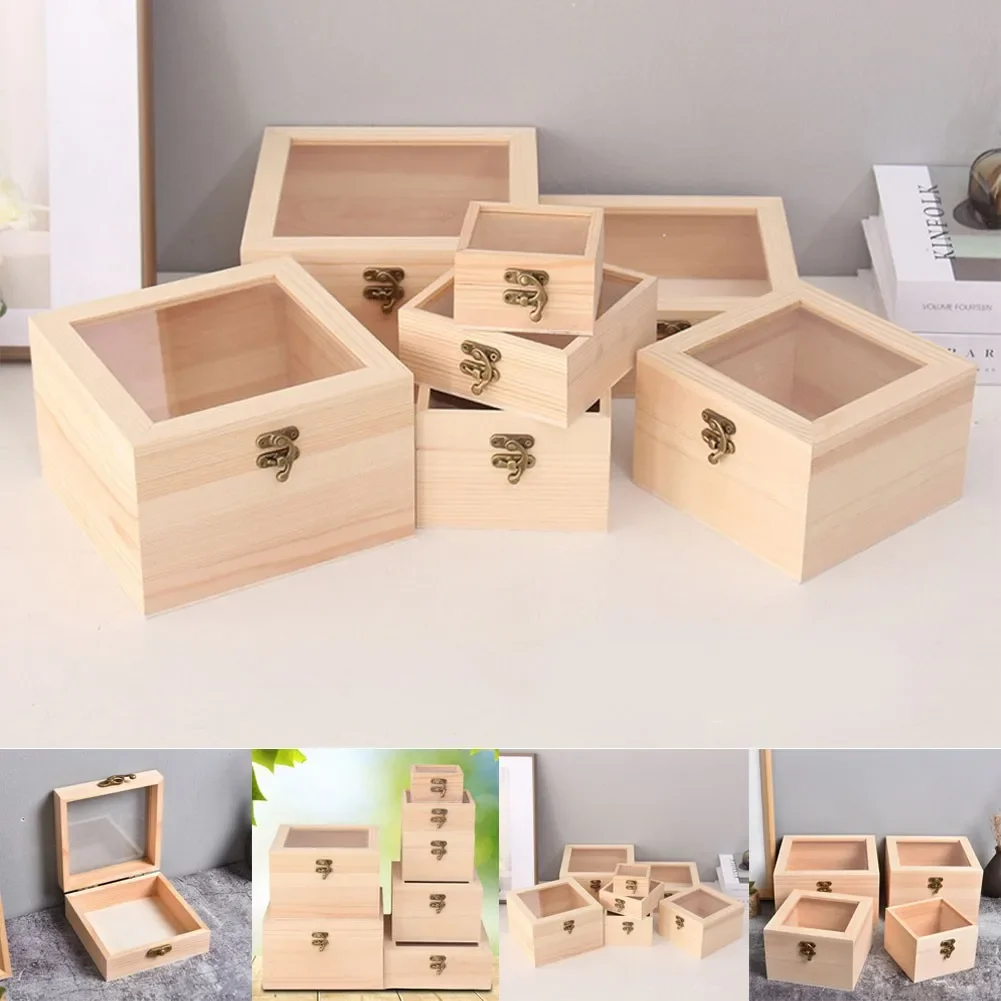 

Wooden Square Hinged Storage Boxes Craft Gift Storage Container Dustproof Pale Jewelry Box Keepsake Boxes DIY Creation Home