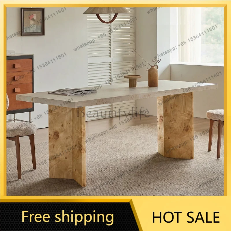 XX. French retro travertine rock slab dining table for home use modern simple large apartment dining table
