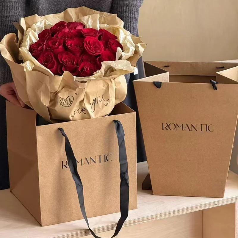 Kraft Paper Flower Carrying Bag Trapezoidal Bouquet Packaging Handbag Portable Gift Tote for Wedding Florist Supplies