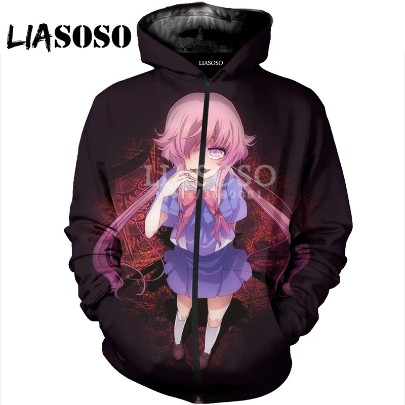 LIASOSO 3D Print Women Men Anime Future Diary Yuno Gasai Hooded pull over Hoodies Sweatshirts Casual Zipper Jacket Harajuku