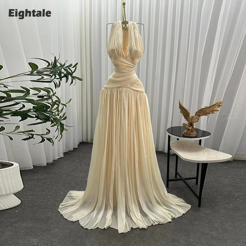 

Eightale арабское вечернее платье с v-образным вырезом и складками из крепа по индивидуальному заказу, мусульманское платье цвета шампанского для выпускного вечера, свадебное платье