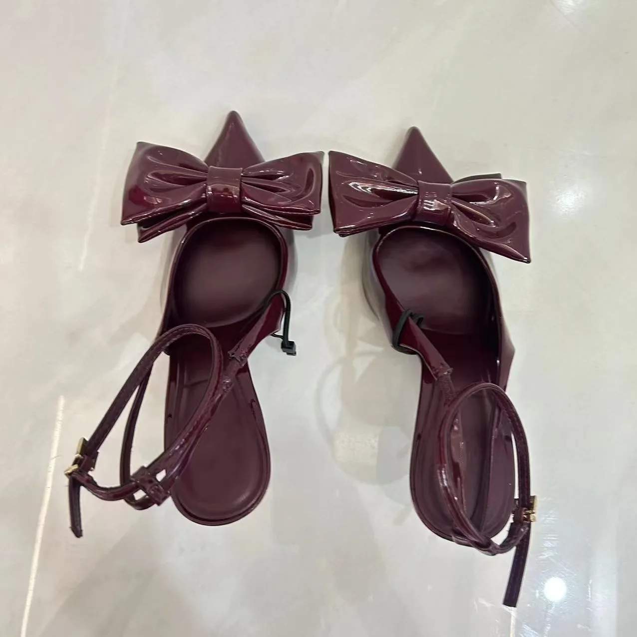 TRAF Woman Wine Red Bow Ankle Strap Stilettos Sexy Pointed Shallow Mouth Slingbacks Heels Sandals 2024 Elegant Woman Heeled Shoe