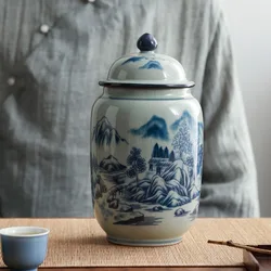 Blue and White Porcelain Storage Jar Classical Tea Box Landscape General Jar with Lid Creative Nut Food Storage Bottle Container