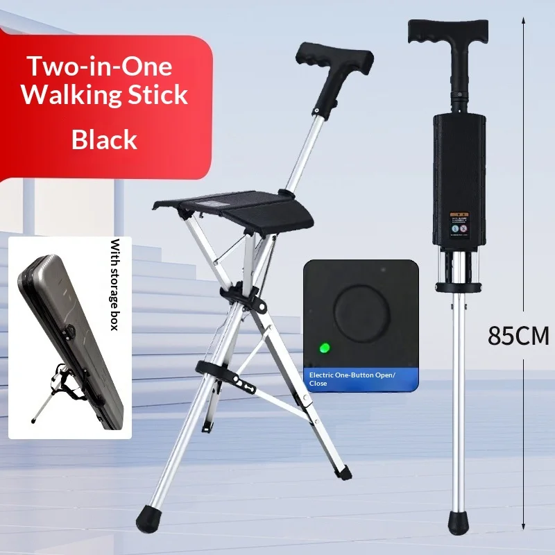 Outdoor Portable Lightweight Folding Chair Multifunctional Cane Stool Manual And Electric Button Opening And Closing Rest Seat