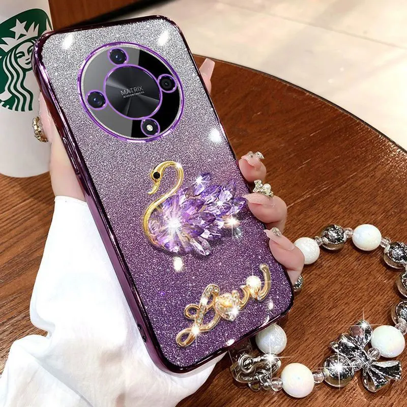 

Luxury Diamond Swan Magic5 Magic6 Lite Case for Huawei Honor Magic 5 6 200 Lite 90 Nova 12 SE Pura70 pro Bracelet Lanyard Cover