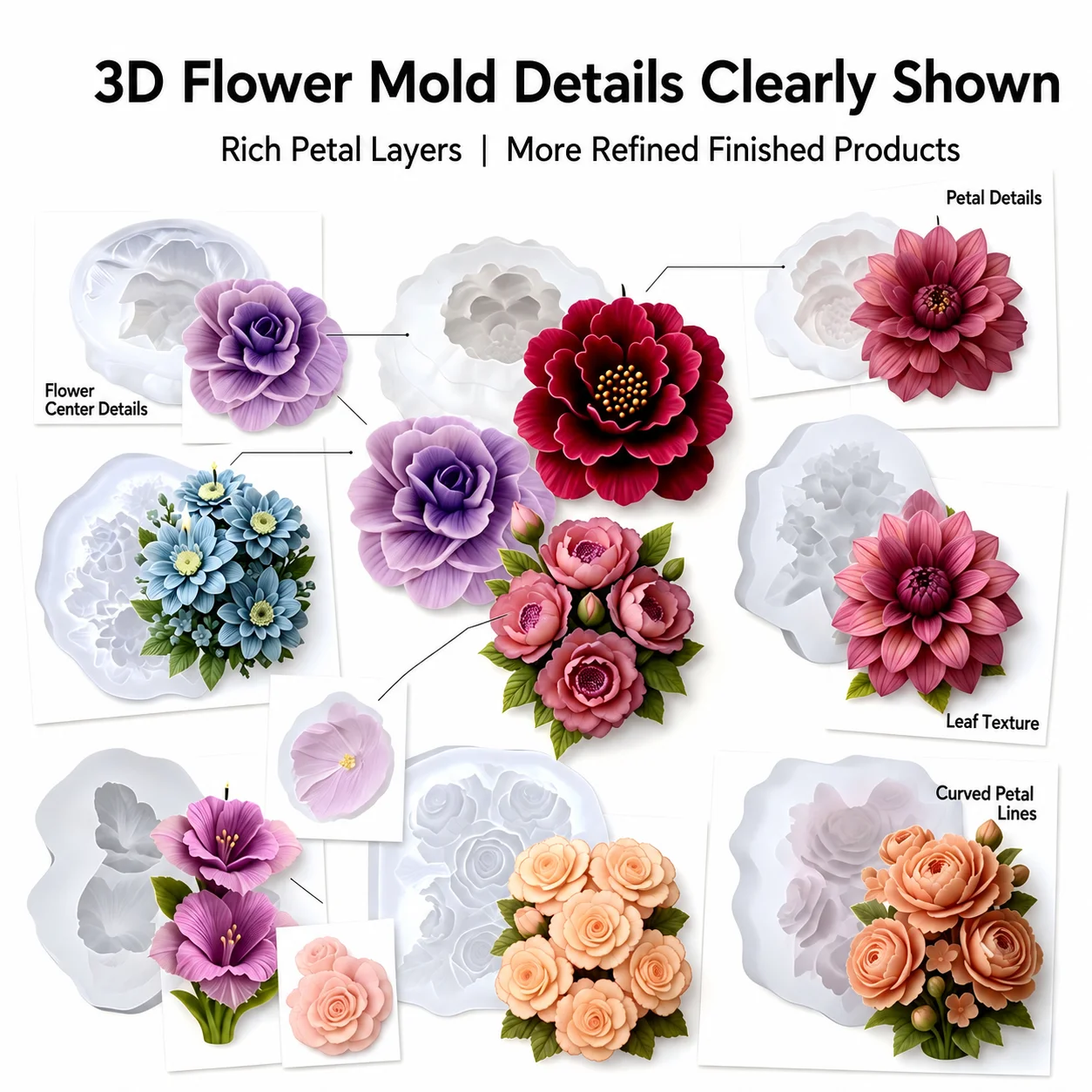 Flower Bouquet Mold Reusable 3d Flower Mold Cake Decoration Mold White For Handmade Soap Aromatherapy Ornament Gypsum Diffuser