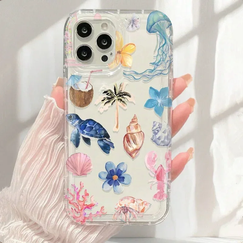 Ocean Shell Turtle Print Clear Soft Phone Case for IPhone 16 14 15 11 12 13 Pro Max 7 8 Plus SE 2022 XR X XSMAX Shockproof Cover