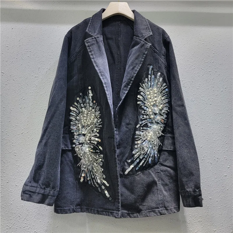 

Heavy Industry Beads Diamond Stitching Black Suit Denim Coat Women 2024 Autumn New Loose-Fitting Slimming Jean Jackets