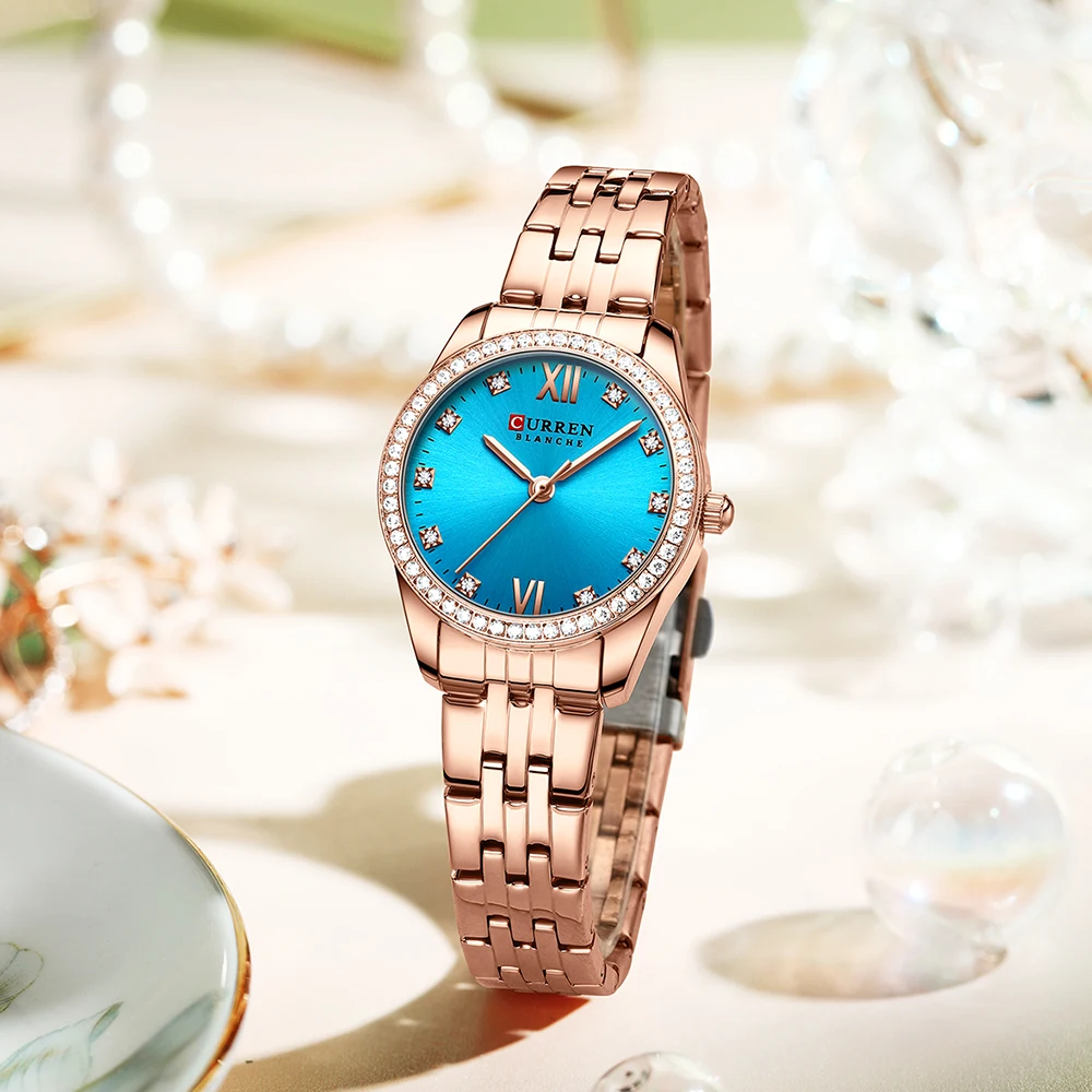 CURREN New Classy Charming Quartz Wristwatches for Ladies Luxury Stainless Steel Band  Watch with Rhinestone Rose Clock Female