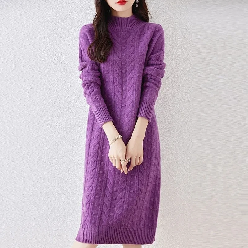 

Autumn Winter Semi High Collar Over Knee Dress For Women Twisted Flower Thick Wool Dress Casual Knitted Base Medium Length Skirt