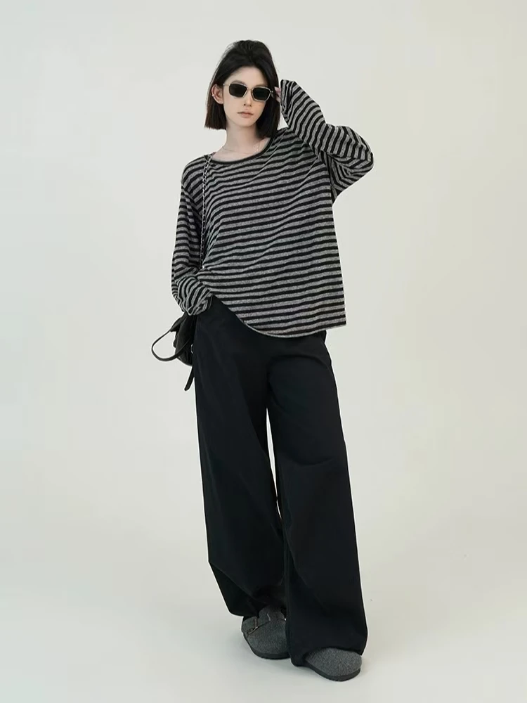 Herbst Frauen Harajuku Gestreiften T-shirt Lange Hülse O-ansatz Casual Oversize Top Femme Streetwear Schwarz Grau Lose Straße Tops Y2K – Detail 26