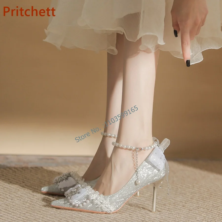 Butterfly Knot Lace Pumps Pointy Toe Thin Heels Ankle Pearls Chain Wedding Shoes Button Solid Silvery Stiletto Shoes Gorgeous