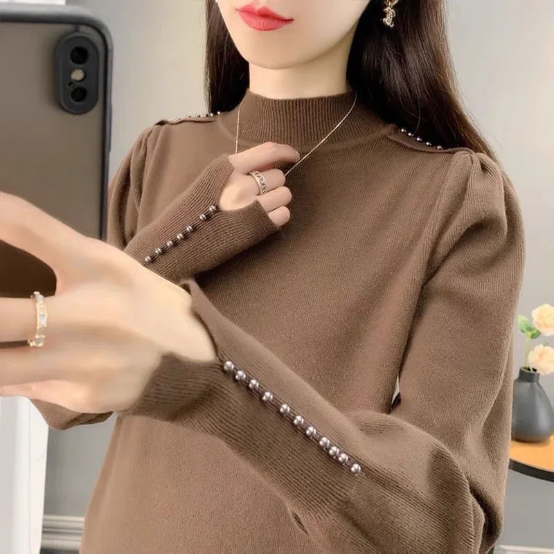 Autumn Winter Puff Sleeve Shoulder Multiple Pearls Design Half Height Collar Straight Pullovers Cuffs Split Fork Sweaters Loose