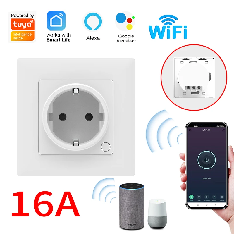 Tuya 16A WiFi European standard socket, suitable for air conditioning, water heater, TV, supports Google, Alexa, timer function