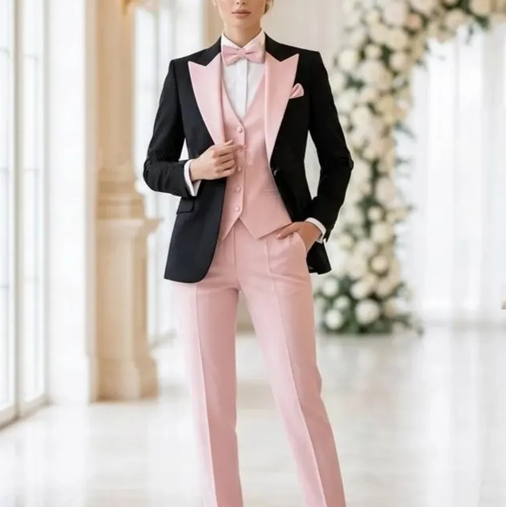 Black And Pink Formal Business Women Suit Wedding Party Prom Ladies Mother Girl Tuxedos Costume 3 Piece Set Blazer Vest Pant