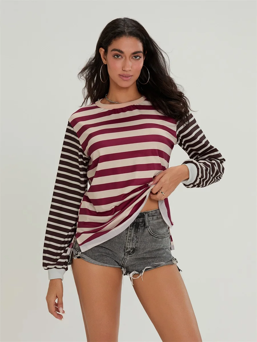 Minister z nadrukiem w paski - Rękaw Okrągły dekolt Kontrastowy kolor Emanating T-Shirty Wiosna Jesień Zestaw dzikich długich rękawów