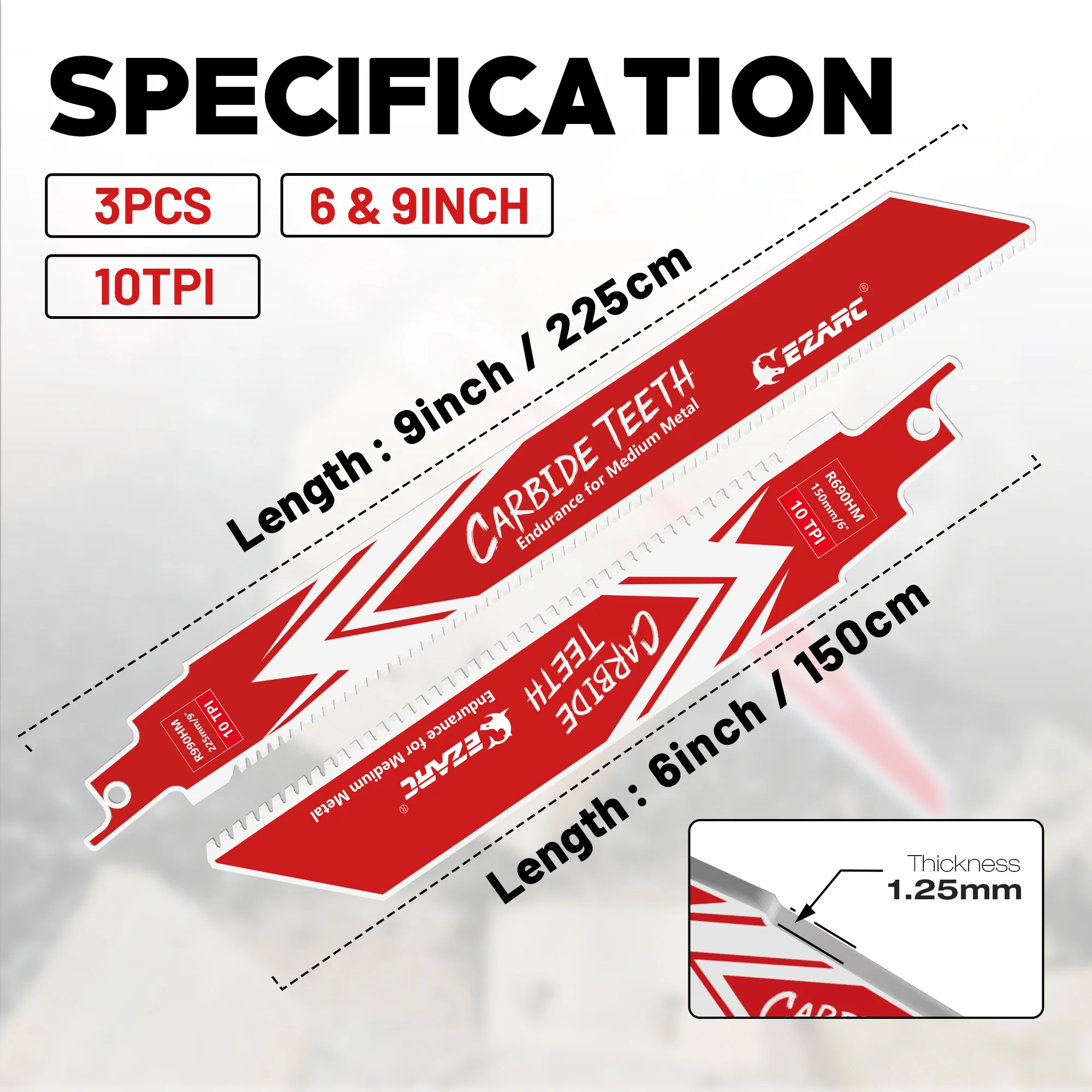 6inch/9inch 3pcs Carbide Reciprocating Saw Blades 10TPI, 150mm/225mm Sawzall Blades Endurance for Medium Metal, Fast Cutting