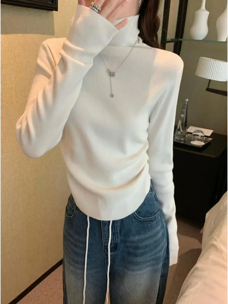 Autumn Winter New Solid Long Sleeved Irregular Pleated Sweater 2024 Korean Fashion Women's High Neck Knitted Pullover Tops Trend