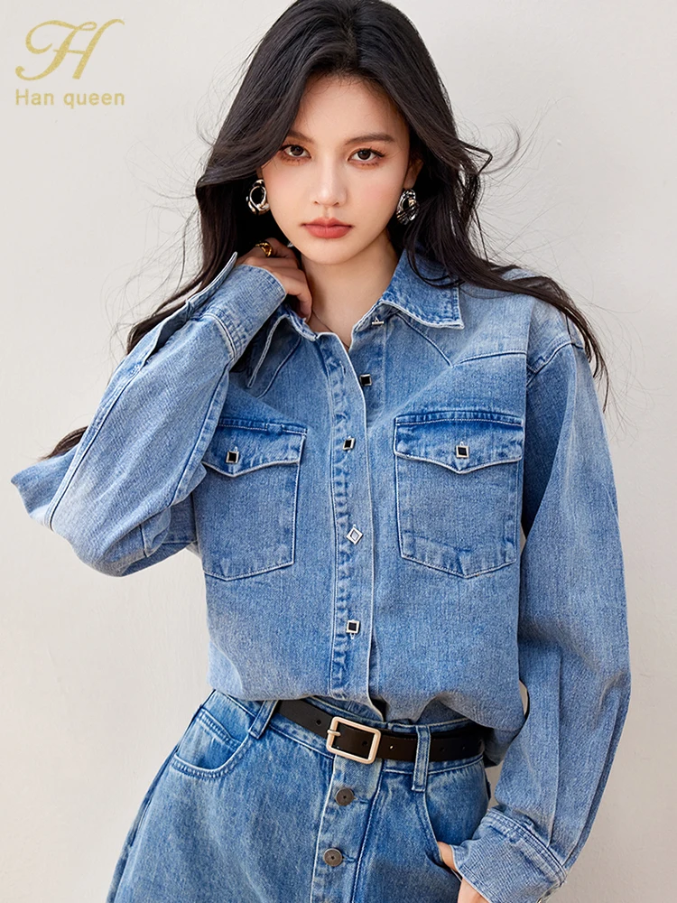 H Han Queen 2024 Autumn Winter Office Blusas Vintage Top Woman Clothing Simple Long Sleeve Basic Pocket Work Casual Denim Shirts