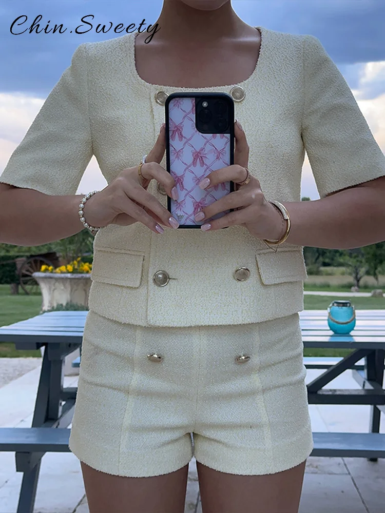 Chique duplo breasted camisa shorts conjunto feminino sólido o-pescoço manga curta mini calça curta 2025 verão senhora casual high street outfit