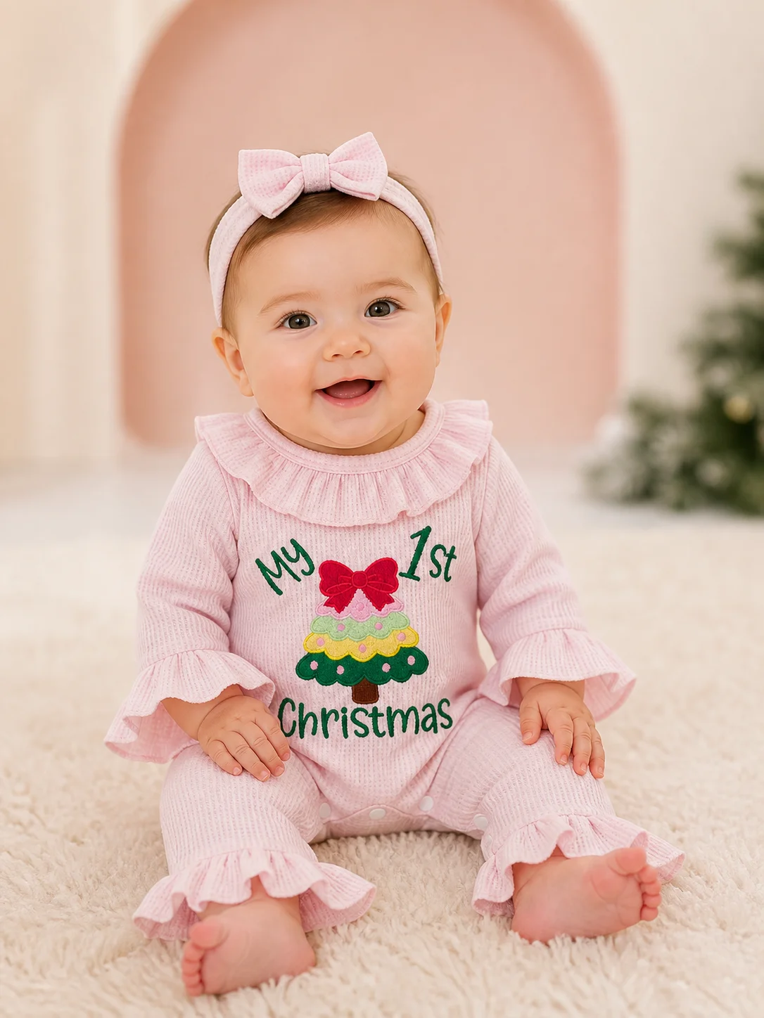 Infant Girl My First Christmas 2Pcs Set Long Sleeve Ruffle Romper Bow Headband Xmas Embroidery Baby Jumpsuit For 0‑6M
