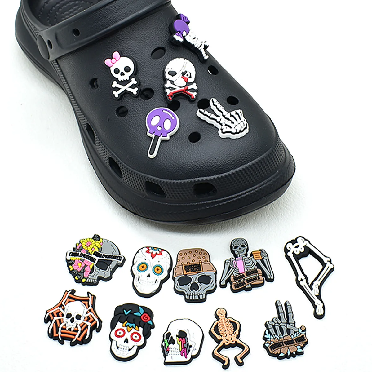 Halloween Skeleton Croc Charms Gothic Skull PVC Shoe Charms For Clogs Sandals Sugar Skull Bone Dog Skeleton Hand Shoe Decoration