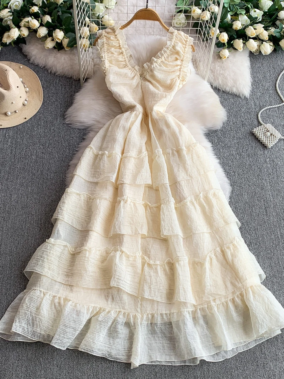 Vestido F Sem Mangas com Decote em V e Cordão, Saia em Camadas de Renda de Cintura Alta, Vestido de Verão A-line para ...