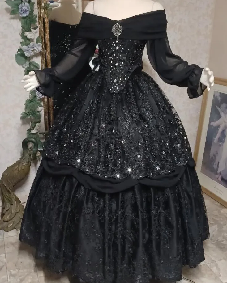 블랙 반짝이 고딕 빅토리아 웨딩 드레스, 긴팔 별, 레이스업 코르셋 벨 코스튬 파리 신부 가운, 맞춤형