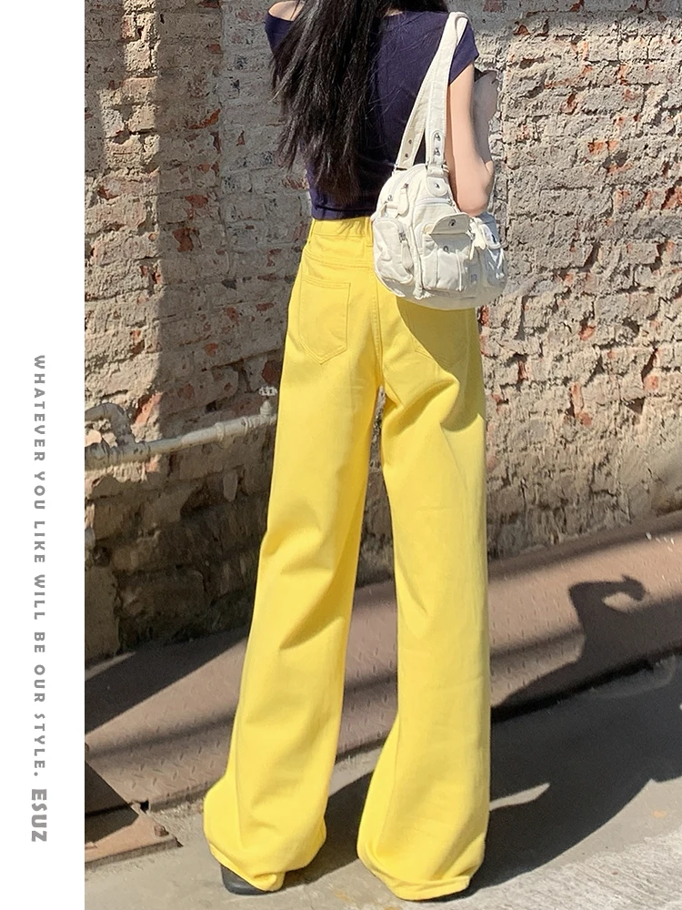 

Yellow Wide Leg Denim Jeans Women's Summer Thin Loose Drape Straight Cut Multicolor Pants High Waist Long Trousers Casual Sle
