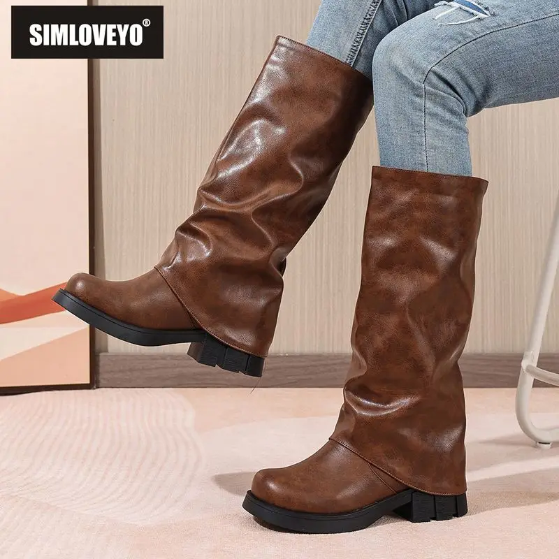 

SIMLOVEYO Брендовые женские сапоги до колена с круглым носком, 6 см, на массивном каблуке, без шнуровки, расширенный размер 41 42 43, нескользящие повседневные высокие бота на осень