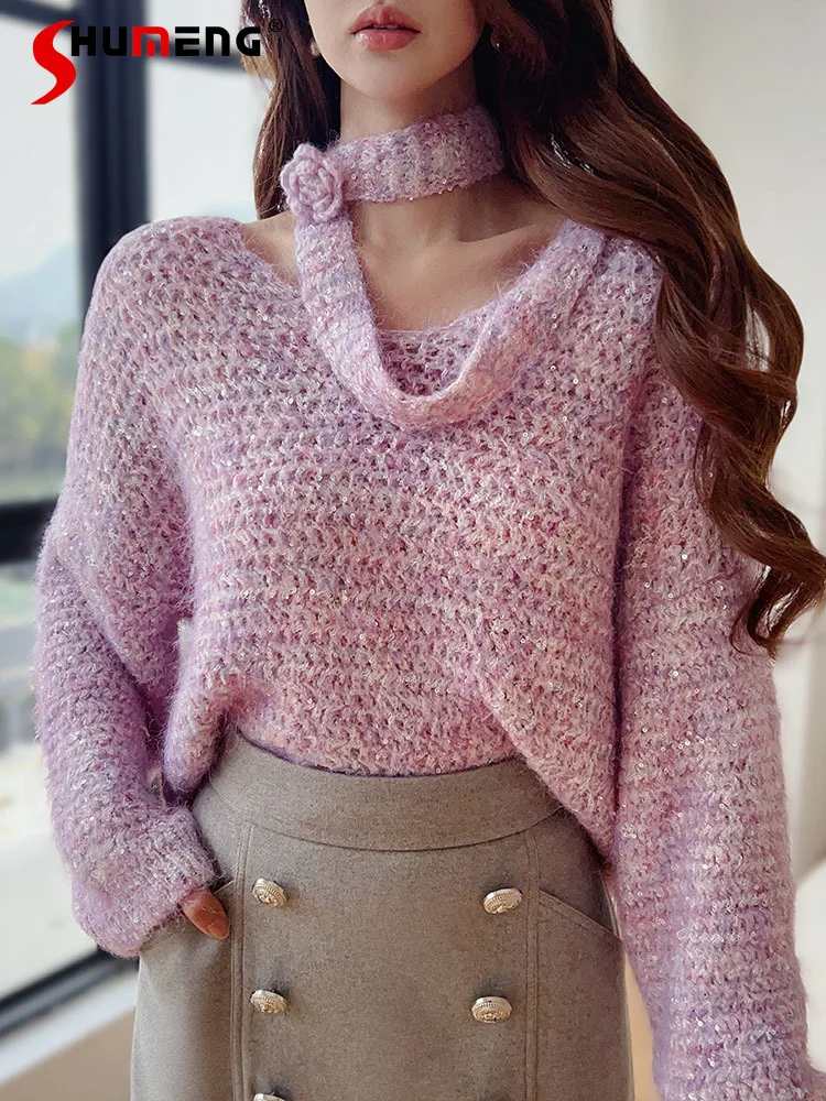 

Women's 2024 Autumn and Winter New Nice Tops Loose Sequined Knitted Sweaters Feminine V-neck Solid Color Long Sleeve Pullovers