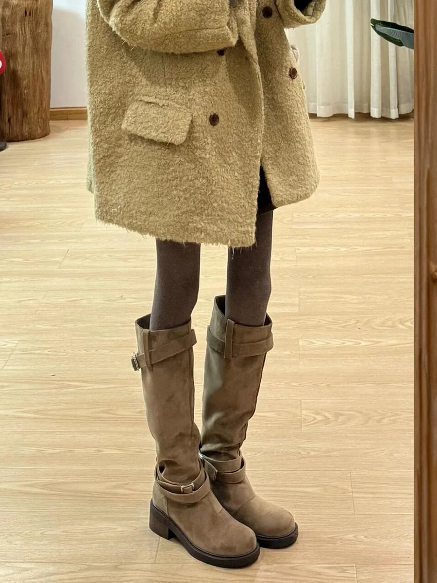 

Khaki Western Knight round Toe Women's Boots High Tube Length Non-Knee Autumn Winter New Faion Retro Belted Velvet Faion ...