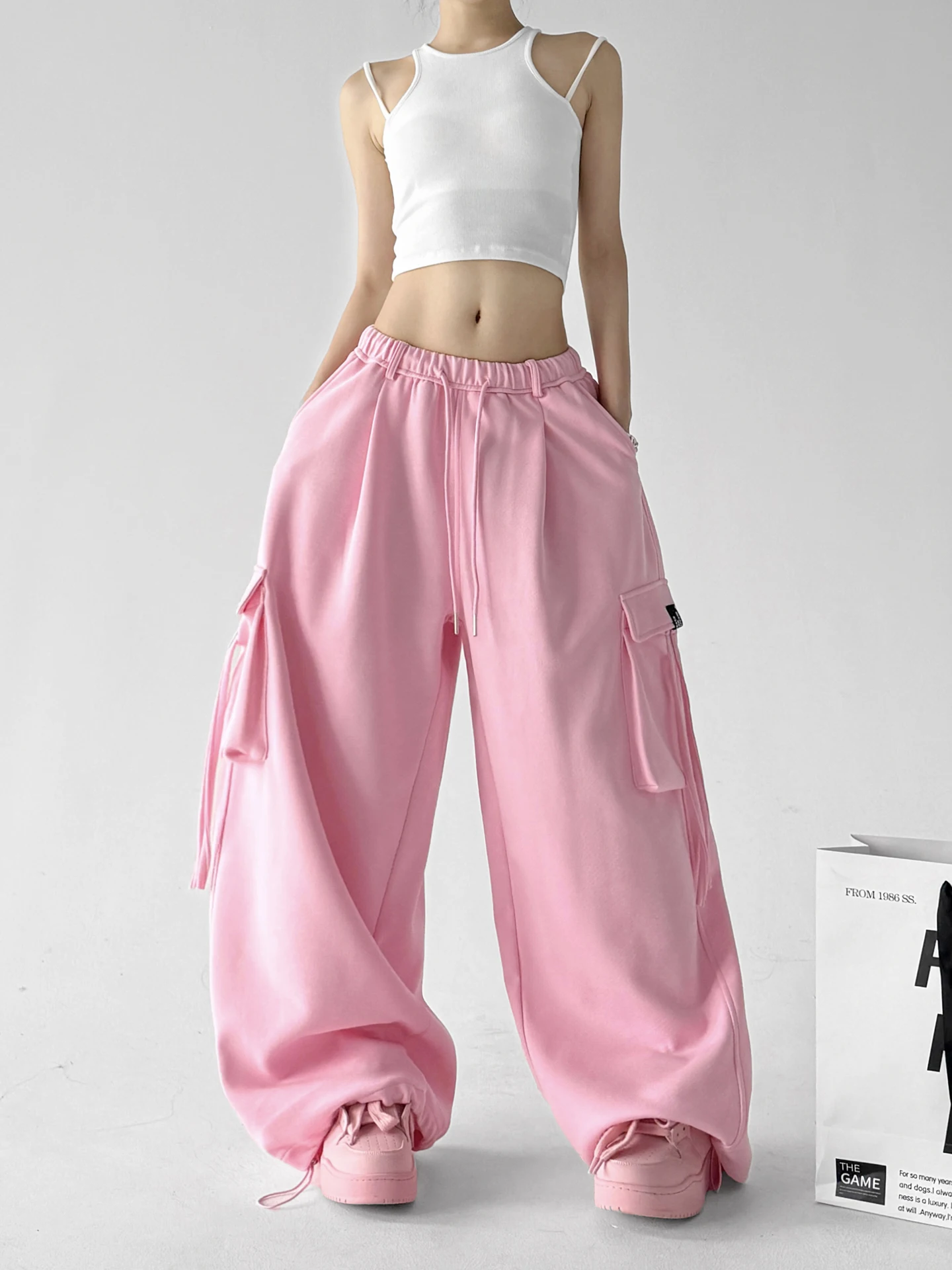 Pink High Waist Wide Leg Sweatpants Women's Loose Multi Pocket Workwear Slimming Sports Pants Summer 2026 Fashion Trend