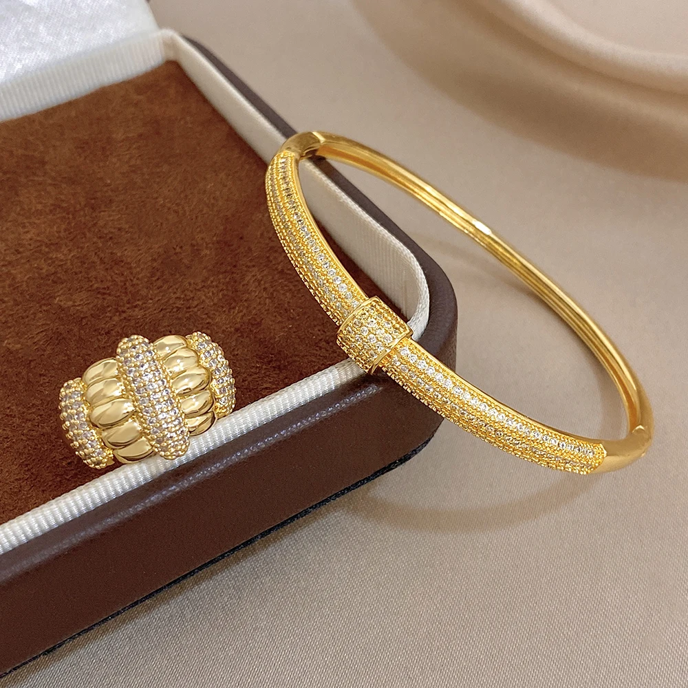 Unique Geometric Micro Inlaid Zircon Open Rings Bracelet for Women Glossy Gold Plated Copper Finger Rings Bangle Jewelry Gifts