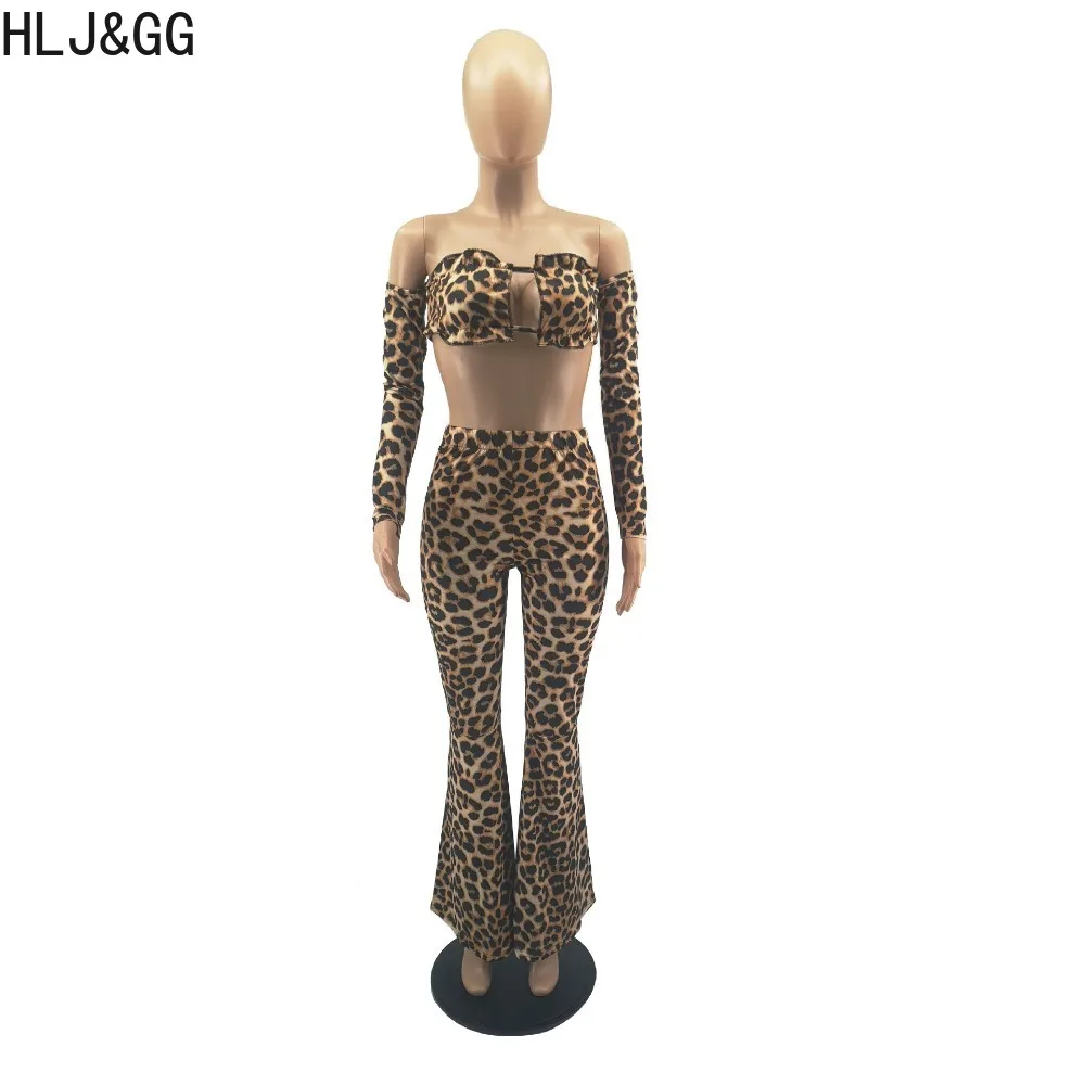 HLJ&GG Sexy Leopard Print Flared Pants Sets Women Off Shoulder Hollow Long Sleeve Crop Top And Pants Two Piece Outfit Streetwear