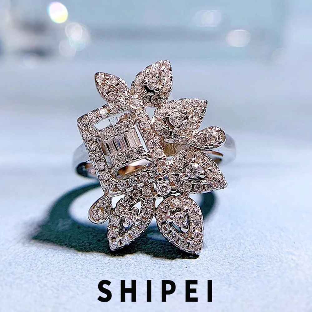 

SHIPEI Solid 925 Sterling Silver Flower White Sapphire Gemstone Ring For Women Wedding Party Jewelry Ring Size 5-9 Drop Shipping