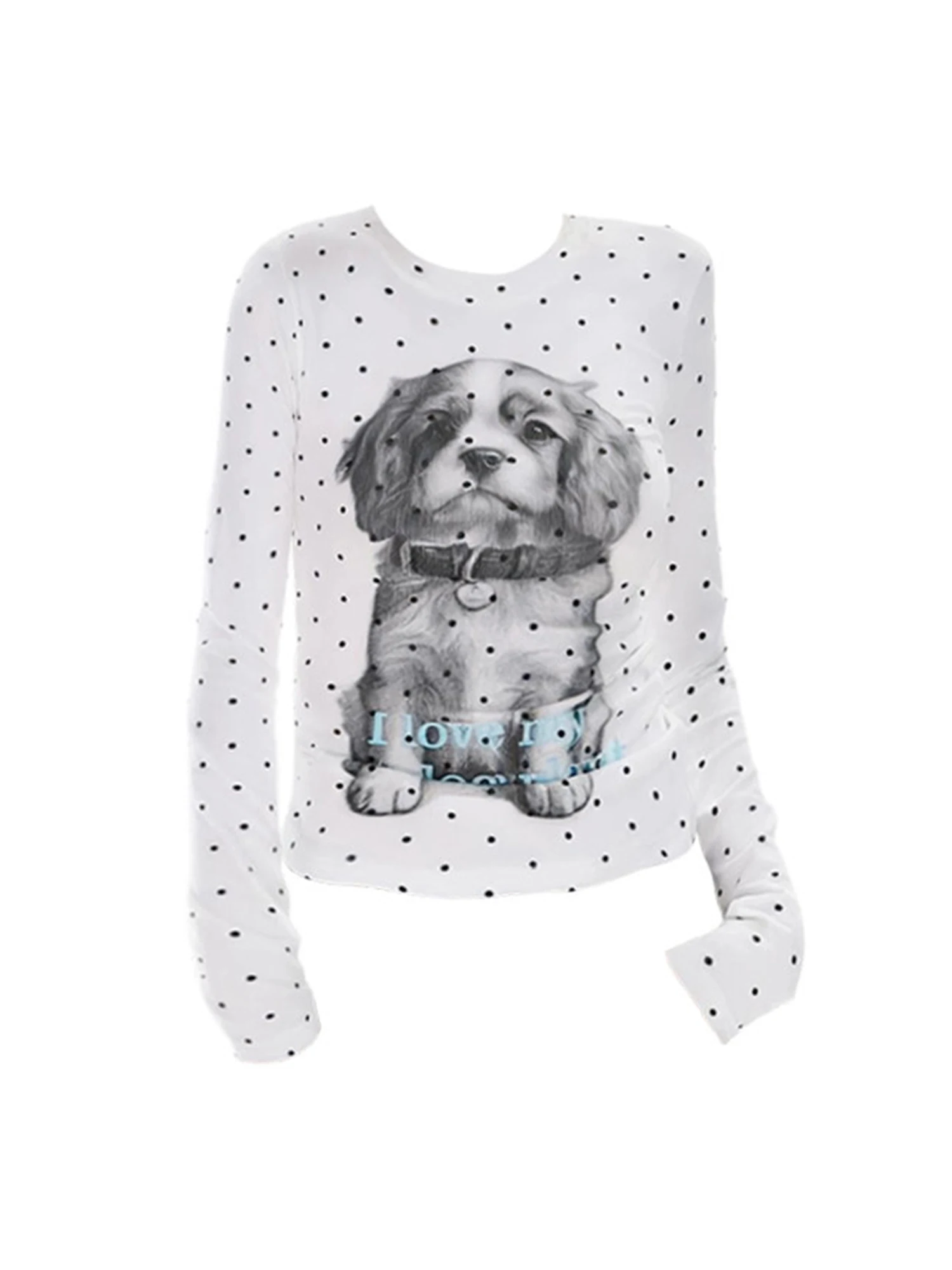 Women's White Polka Dot T-shirt Puppy Print Long Sleeve T-Shirt Korean Style Slim Fit Y2K Gyaru Tee Top for Spring Autumn 2026
