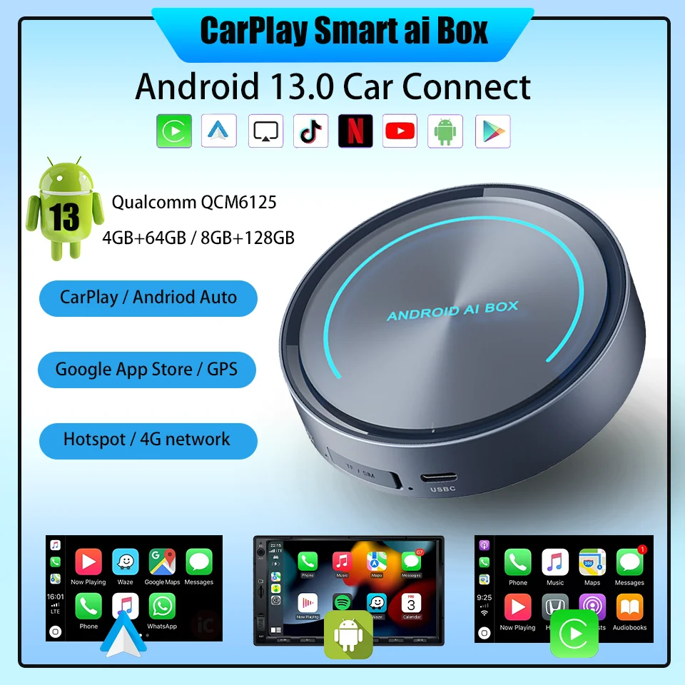 CarPlay AI Box Android13 Wireless CarPlay Android Auto 4G Smart Car Play Streaming Box Built-in Netflix Youtube Google Appstore