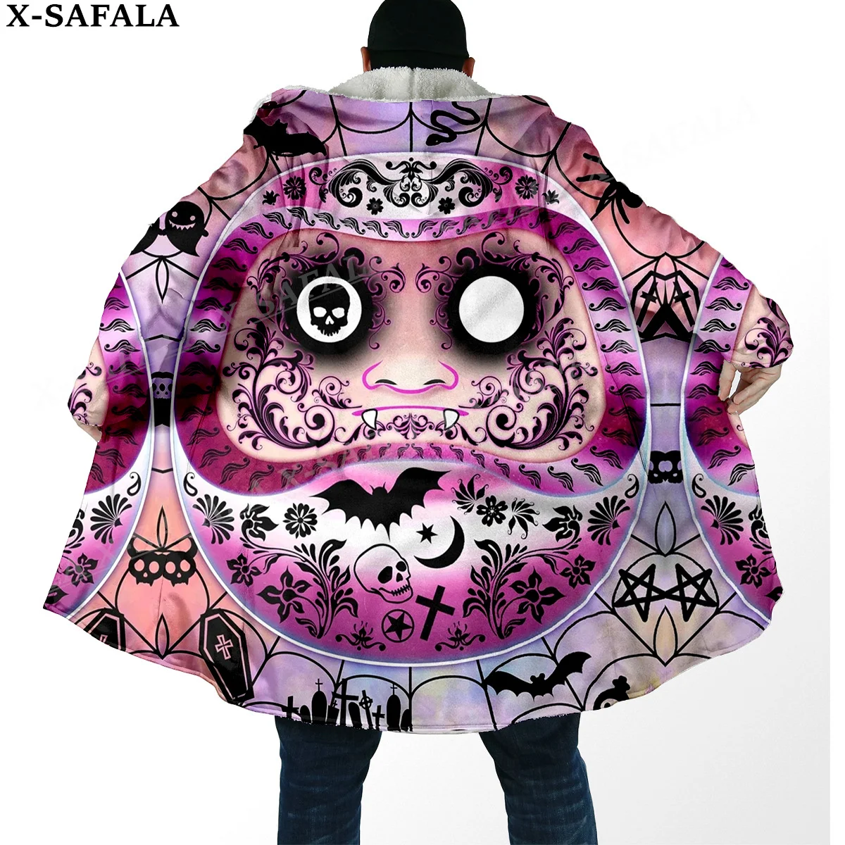 Daruma Japanese Anime Manga Print Thick Warm Hooded Cloak Men Overcoat Coat Windproof Fleece Cape Robe Hooded Blanket-3