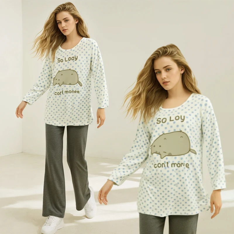 Polka Dot Tees Cute Lazy Cat Print Anime Soft Naive Curtilage Loungewear Casual Long-sleeved Top Matching Student Home T-shirt