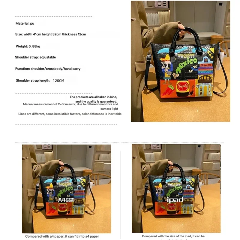Vintage Ethnic Style Women's Handbag Colorful Large Capacity Tote Handheld Crossbody Bag Outfit Matching Mexico Letter Print Bag
