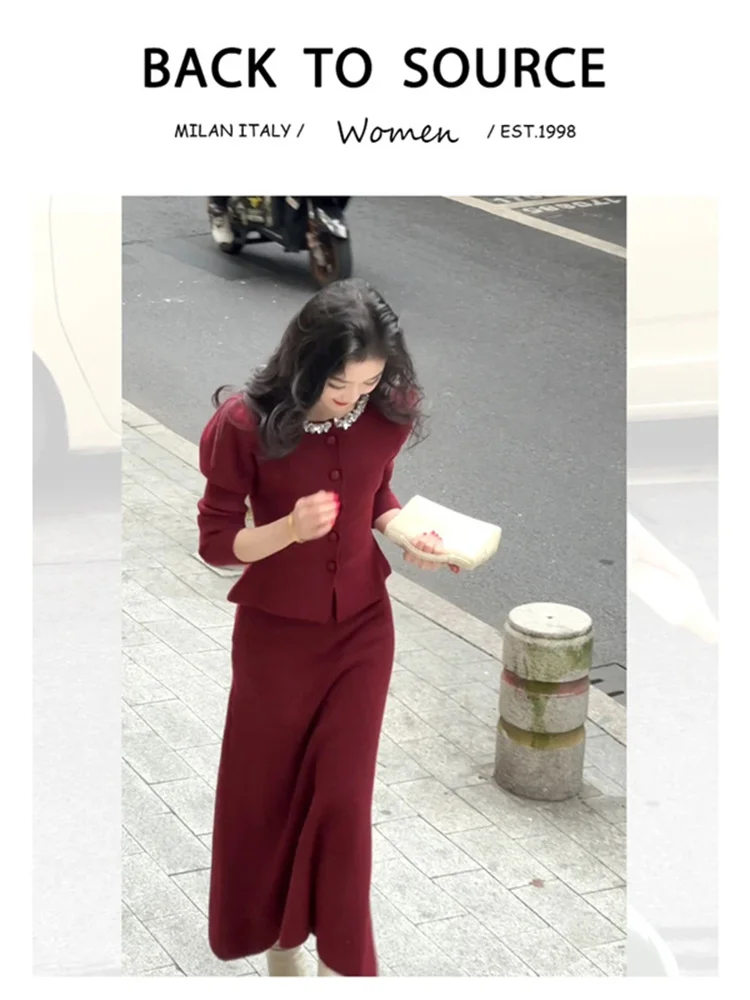 een Conjunto de punto con adornos de diamantes Faion para mujer primavera Otoño Invierno largo Sve redondo Ne abotonada ropa de trabajo informal