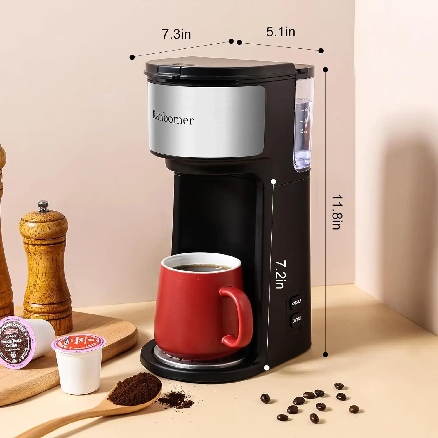 Eenpersoons Koffiezetapparaat, K Kopje En Gemalen Koffiemachine 2 In 1, 6 Tot 14 Oz Brouwmaten, Mini Een Kopje Koffiezetapparaat