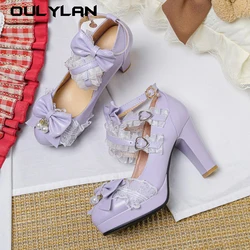 Sweet Bowknot Lace High Heels Kawaii Lolita Shoes Platform Girls Women Lolita Maid Halloween Party PU Leather JK Shoes