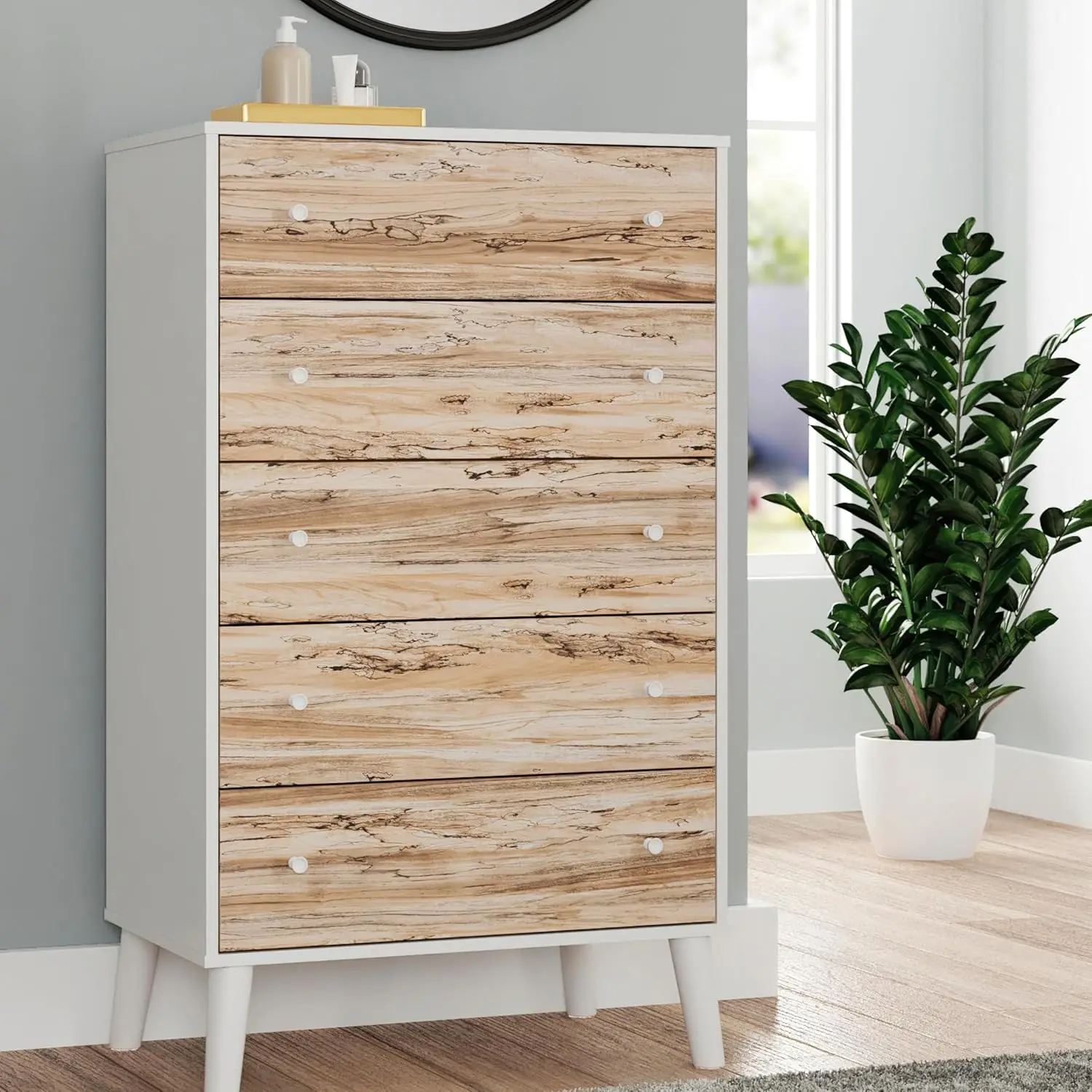 Piperton Scandinavian Two-Toned 5 Drawer Chest Of Drawers, White & Brown