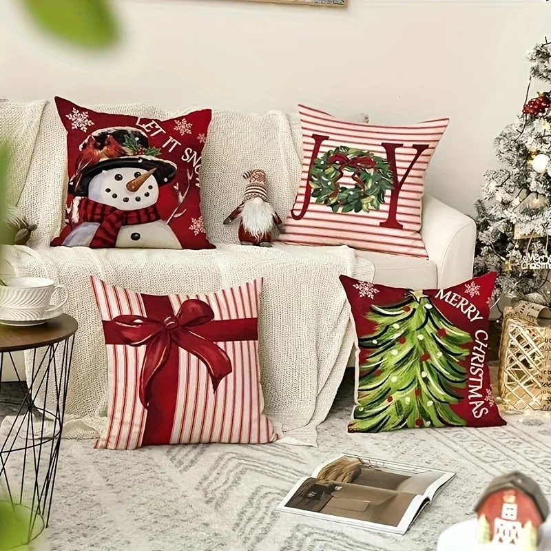 Linen Christmas Pattern Pillowcase Printed on One Side 45x45cm (18x18 Inches) Cushion Sofa Cushion Cover Without Pillow Insert