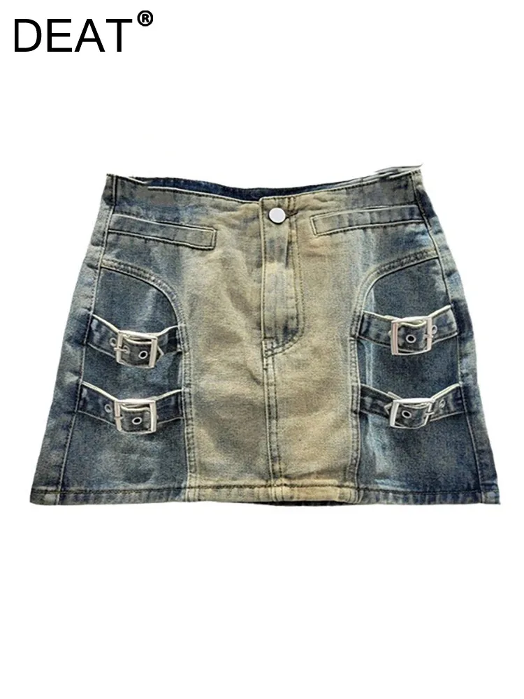 

DEAT Women's Denim Skirts High Waist Washed Retro Patchwork Buckle Slim A-line Short Mini Skirt 2024 Autumn New Fashion 11A0621